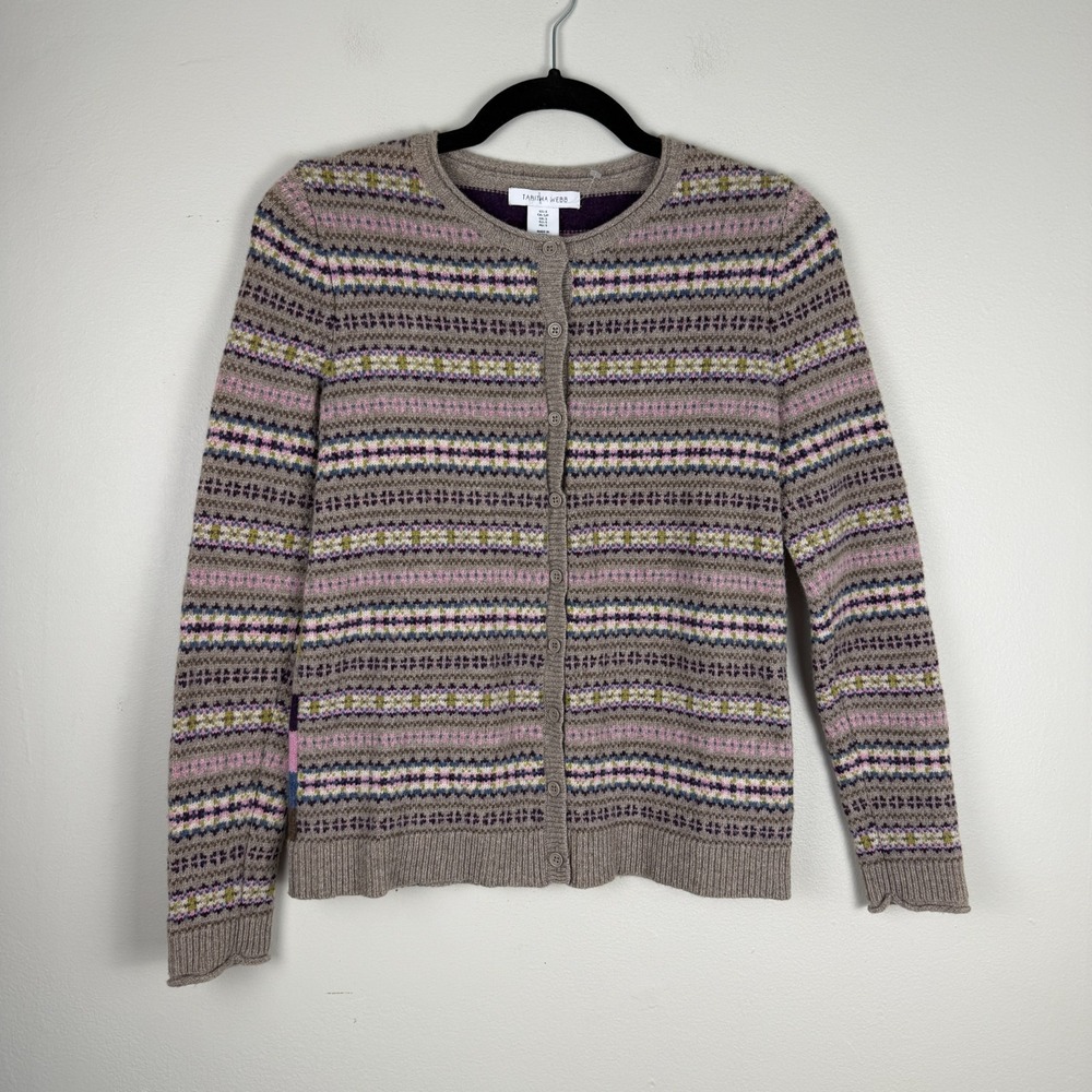 Tabitha Webb Cardigan Sweater Womens Small Multi Fair Isle Stripe Wool Button-Up